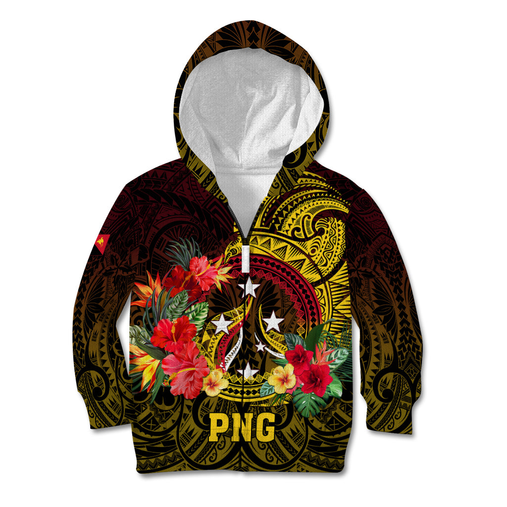 Papua New Guinea Kid Hoodie Coat Of Arms Tropical Flowers Polynesian Pattern LT05 Zip Hoodie Yellow - Polynesian Pride