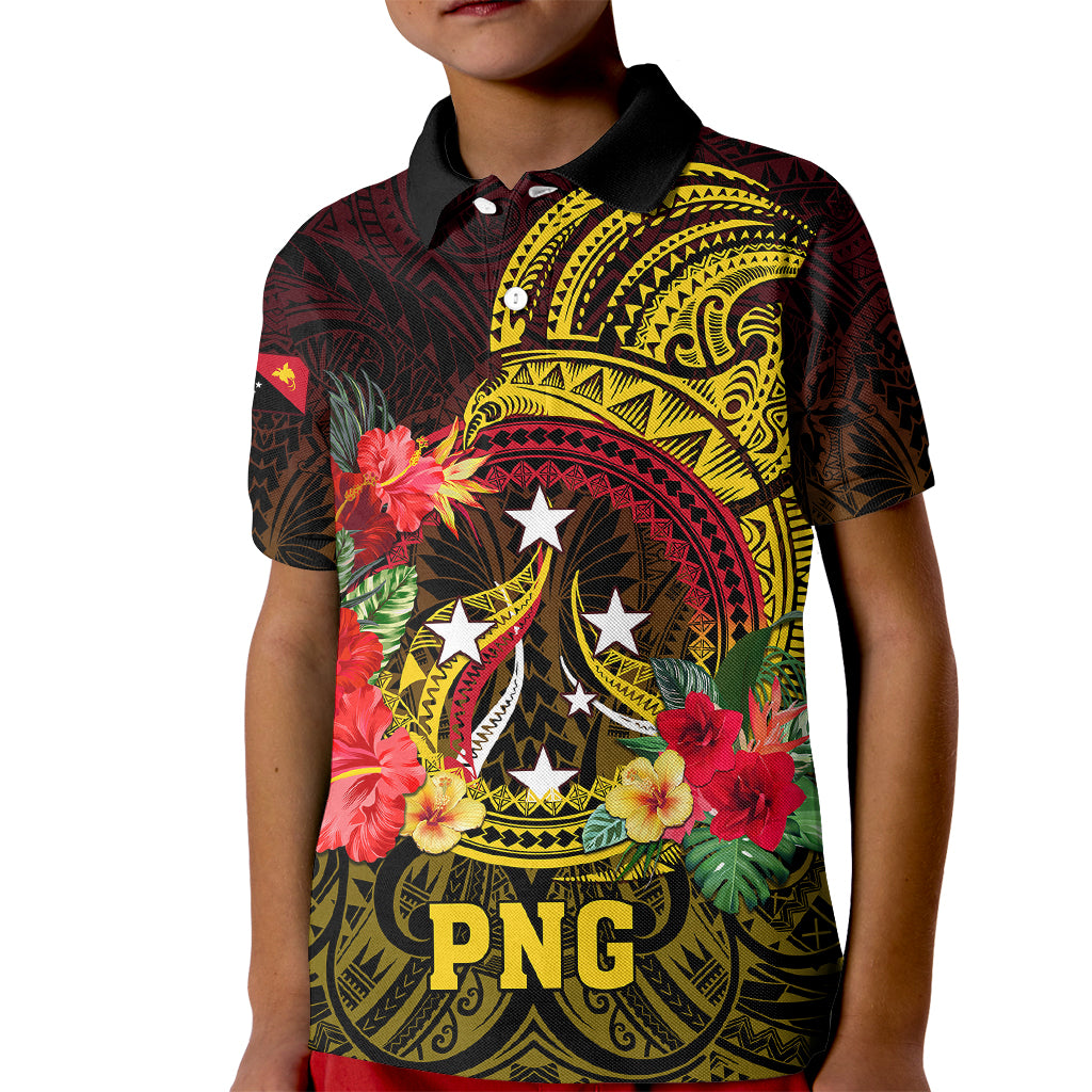 Papua New Guinea Kid Polo Shirt Coat Of Arms Tropical Flowers Polynesian Pattern LT05 Kid Yellow - Polynesian Pride