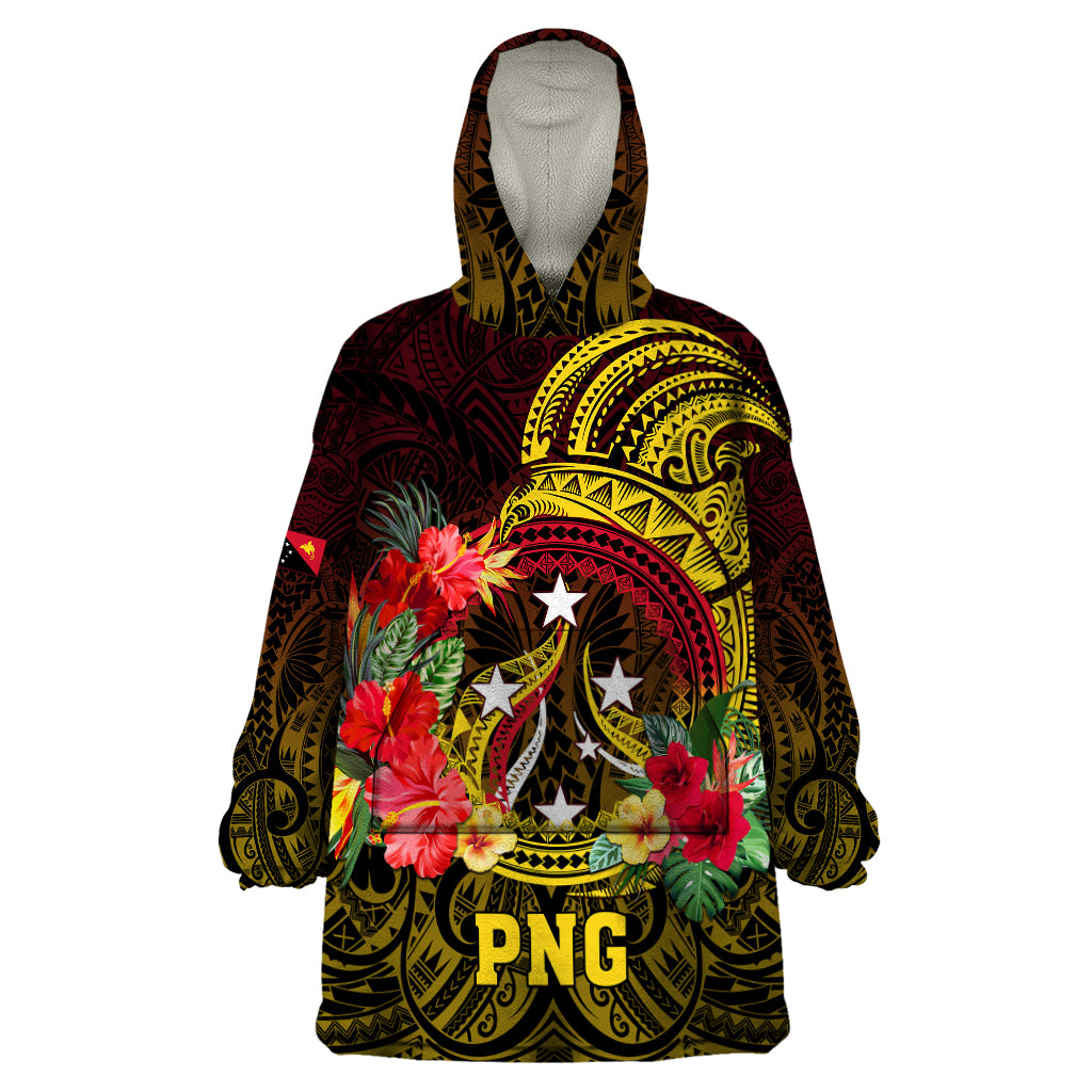 Papua New Guinea Wearable Blanket Hoodie Coat Of Arms Tropical Flowers Polynesian Pattern LT05 One Size Yellow - Polynesian Pride