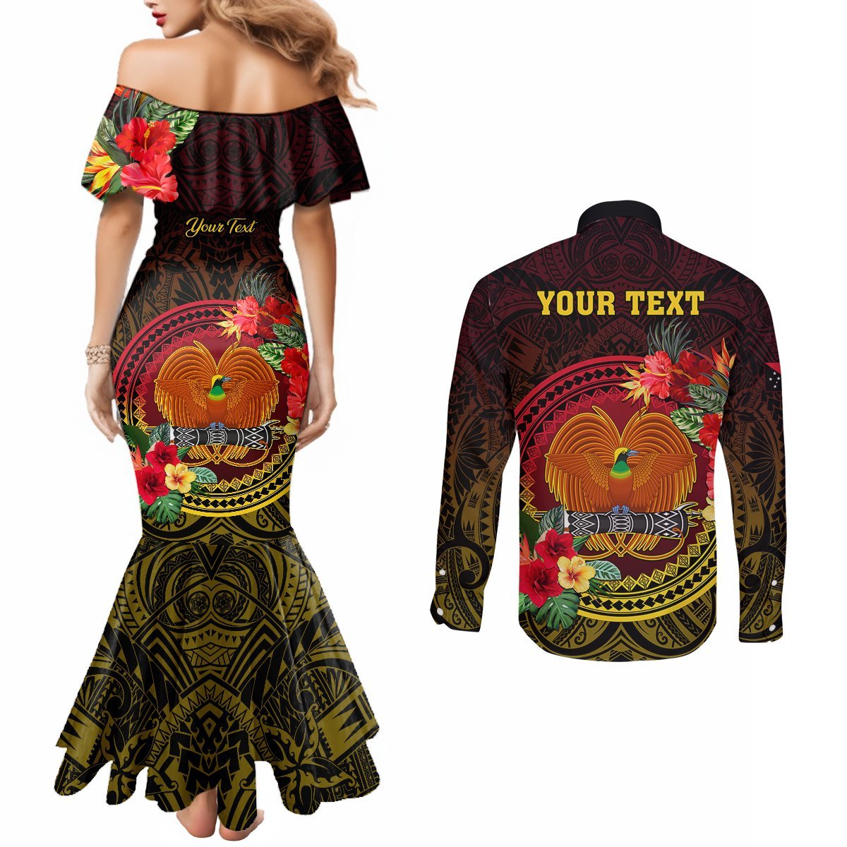 Personalized Papua New Guinea Couples Matching Mermaid Dress and Long Sleeve Button Shirts Coat Of Arms Tropical Flowers Polynesian Pattern LT05 - Polynesian Pride