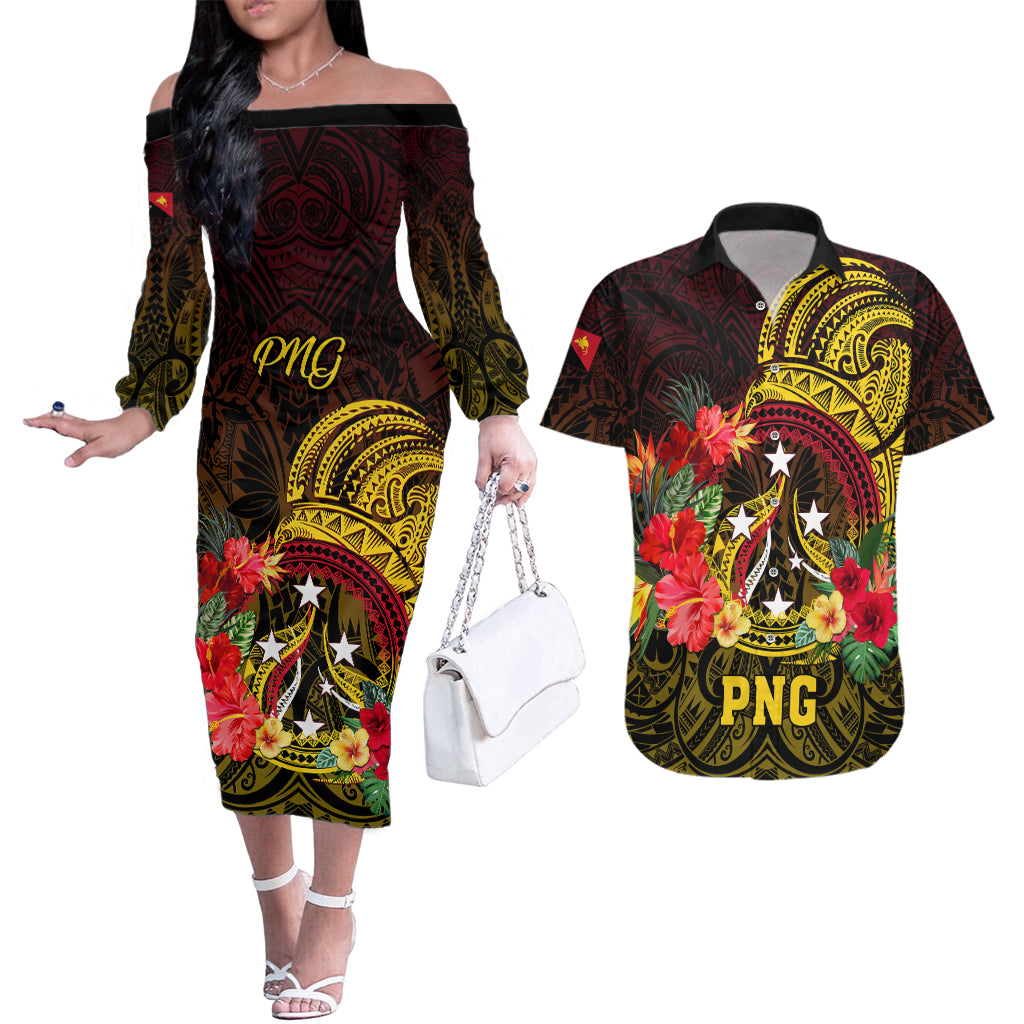 Personalized Papua New Guinea Couples Matching Off The Shoulder Long Sleeve Dress and Hawaiian Shirt Coat Of Arms Tropical Flowers Polynesian Pattern LT05 Yellow - Polynesian Pride