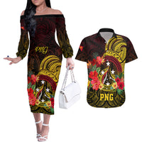 Personalized Papua New Guinea Couples Matching Off The Shoulder Long Sleeve Dress and Hawaiian Shirt Coat Of Arms Tropical Flowers Polynesian Pattern LT05 Yellow - Polynesian Pride