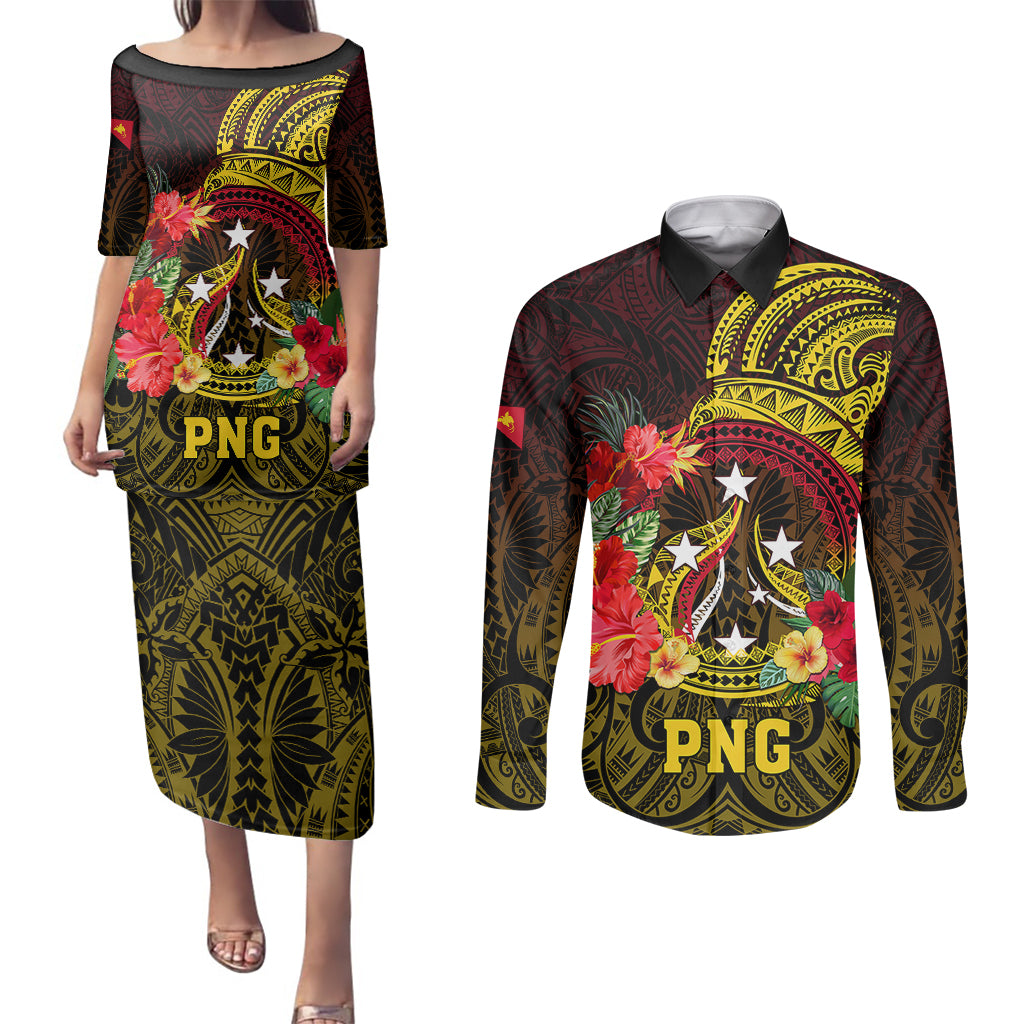 Personalized Papua New Guinea Couples Matching Puletasi Dress and Long Sleeve Button Shirts Coat Of Arms Tropical Flowers Polynesian Pattern LT05 Yellow - Polynesian Pride