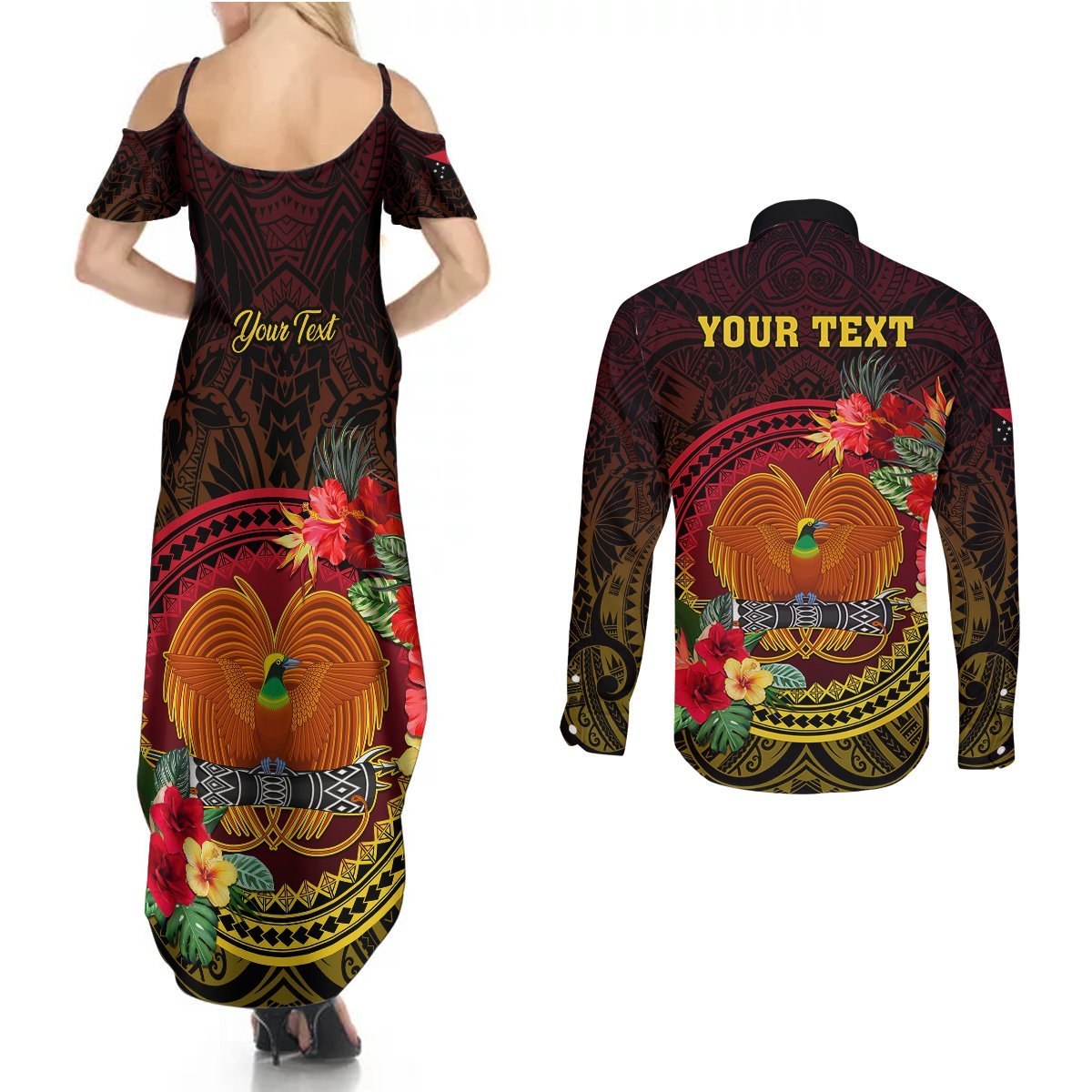 Personalized Papua New Guinea Couples Matching Summer Maxi Dress and Long Sleeve Button Shirts Coat Of Arms Tropical Flowers Polynesian Pattern LT05 - Polynesian Pride
