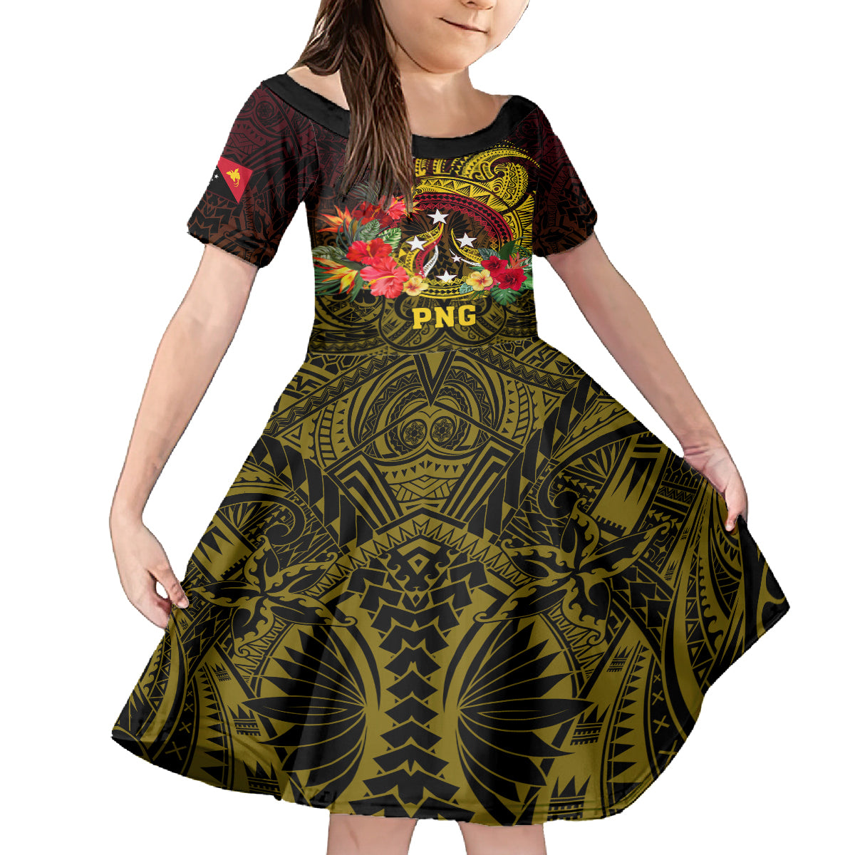 Personalized Papua New Guinea Kid Short Sleeve Dress Coat Of Arms Tropical Flowers Polynesian Pattern LT05 KID Yellow - Polynesian Pride
