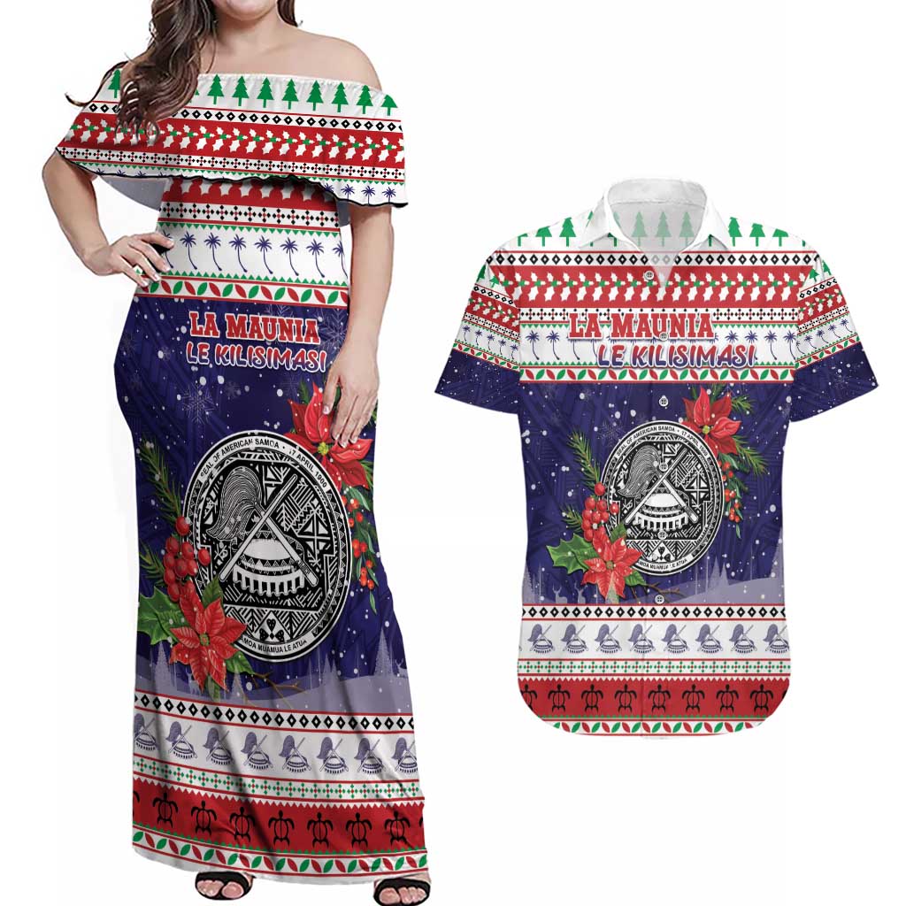 American Samoa Christmas Couples Matching Off Shoulder Maxi Dress and Hawaiian Shirt Poinsettia La Maunia Le Kilisimasi