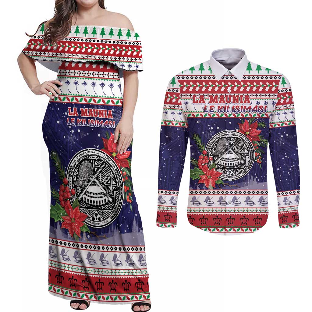 American Samoa Christmas Couples Matching Off Shoulder Maxi Dress and Long Sleeve Button Shirt Poinsettia La Maunia Le Kilisimasi