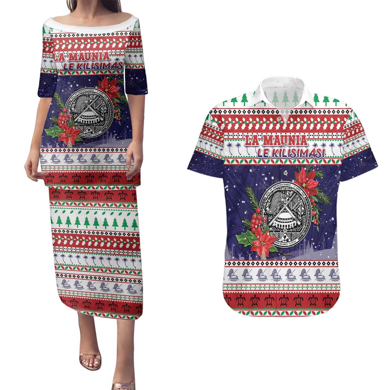 American Samoa Christmas Couples Matching Puletasi and Hawaiian Shirt Poinsettia La Maunia Le Kilisimasi