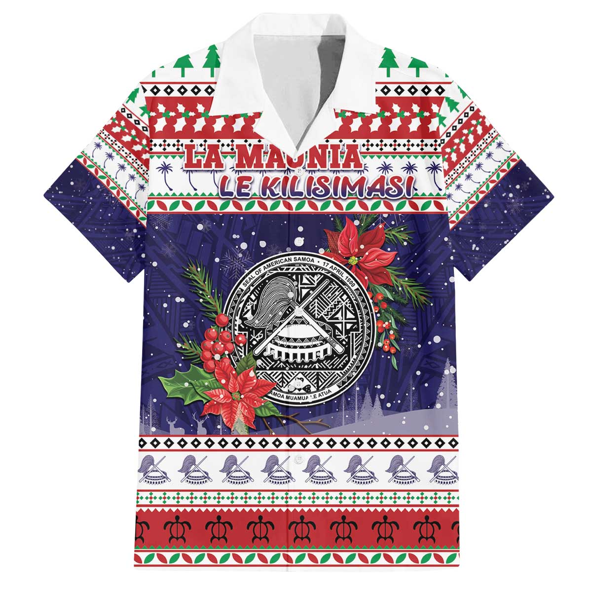 American Samoa Christmas Family Matching Off The Shoulder Long Sleeve Dress and Hawaiian Shirt Poinsettia La Maunia Le Kilisimasi