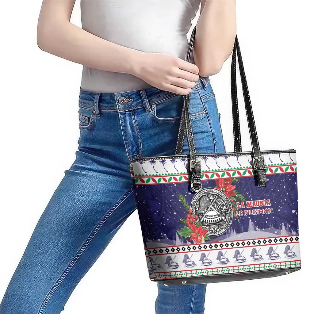 American Samoa Christmas Leather Tote Bag Poinsettia La Maunia Le Kilisimasi