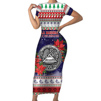 American Samoa Christmas Short Sleeve Bodycon Dress Poinsettia La Maunia Le Kilisimasi LT05 Long Dress White - Polynesian Pride