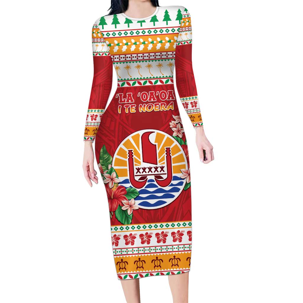 French Polynesia Christmas Family Matching Long Sleeve Bodycon Dress and Hawaiian Shirt Coat Of Arms Merry Xmas