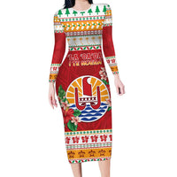 French Polynesia Christmas Family Matching Long Sleeve Bodycon Dress and Hawaiian Shirt Coat Of Arms Merry Xmas
