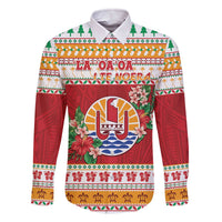 French Polynesia Christmas Family Matching Off The Shoulder Long Sleeve Dress and Hawaiian Shirt Coat Of Arms Merry Xmas LT05 Dad's Shirt - Long Sleeve Red - Polynesian Pride
