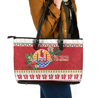 French Polynesia Christmas Leather Tote Bag Coat Of Arms Merry Xmas