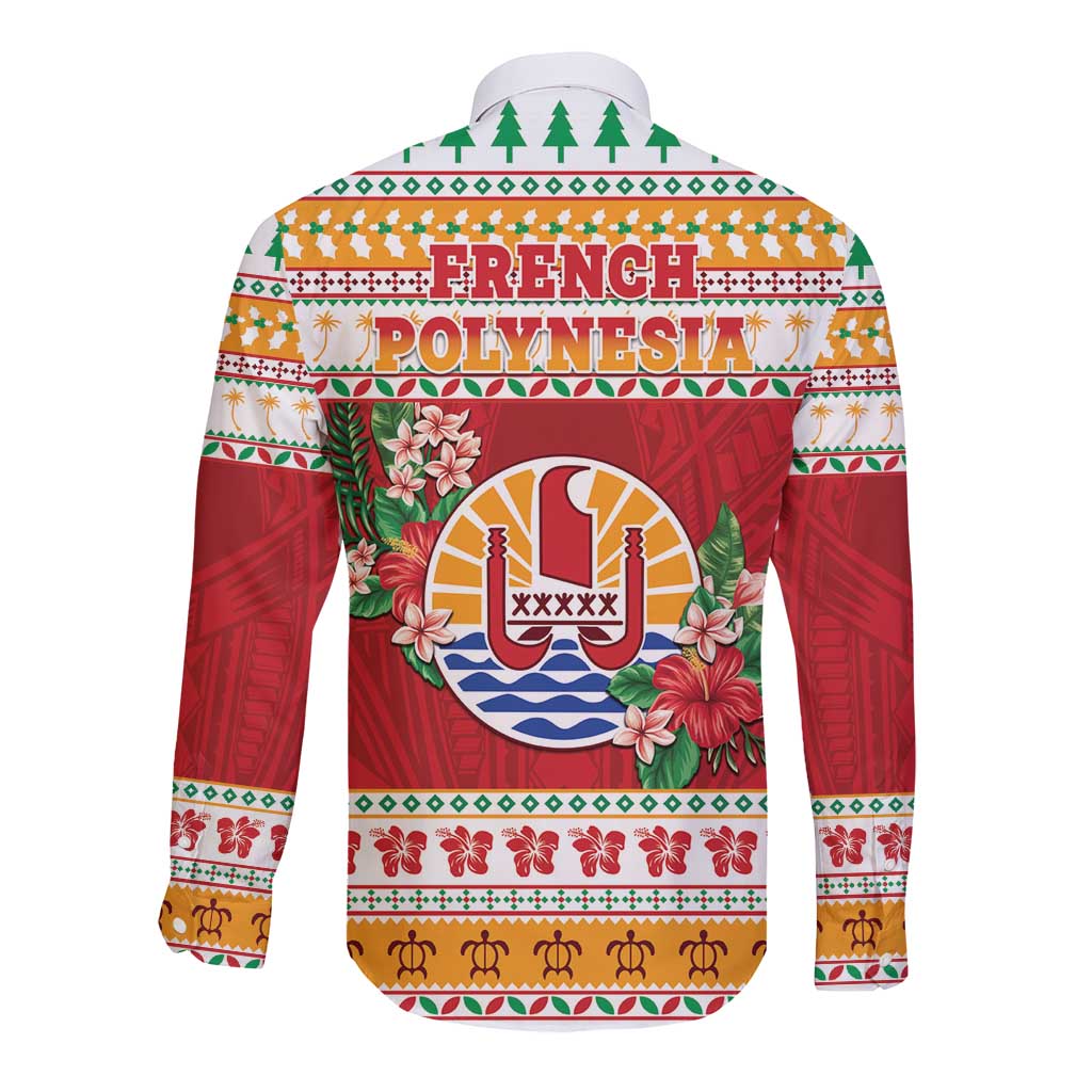 French Polynesia Christmas Long Sleeve Button Shirt Coat Of Arms Merry Xmas
