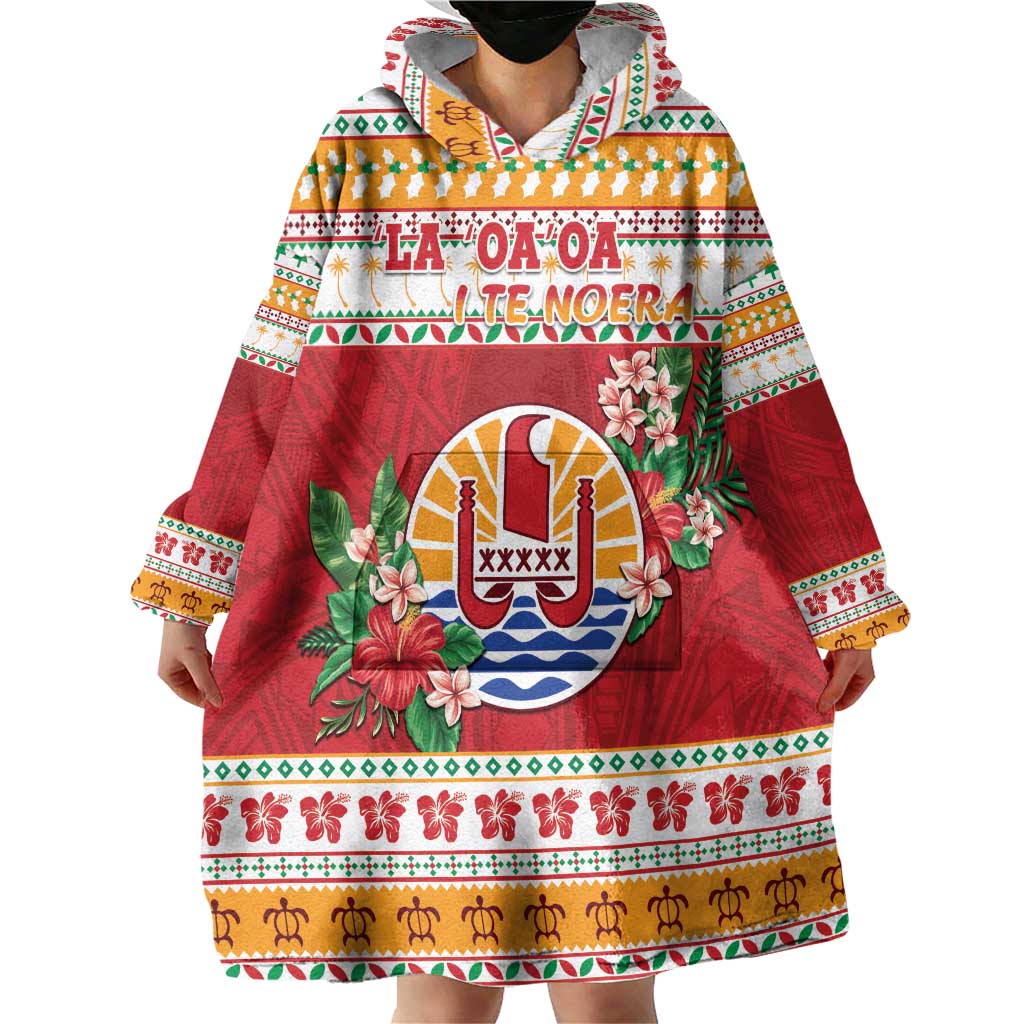 French Polynesia Christmas Wearable Blanket Hoodie Coat Of Arms Merry Xmas