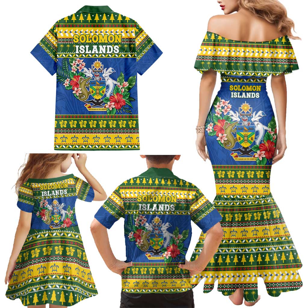 Solomon Islands Christmas Family Matching Mermaid Dress and Hawaiian Shirt Coat Of Arms Merry Xmas