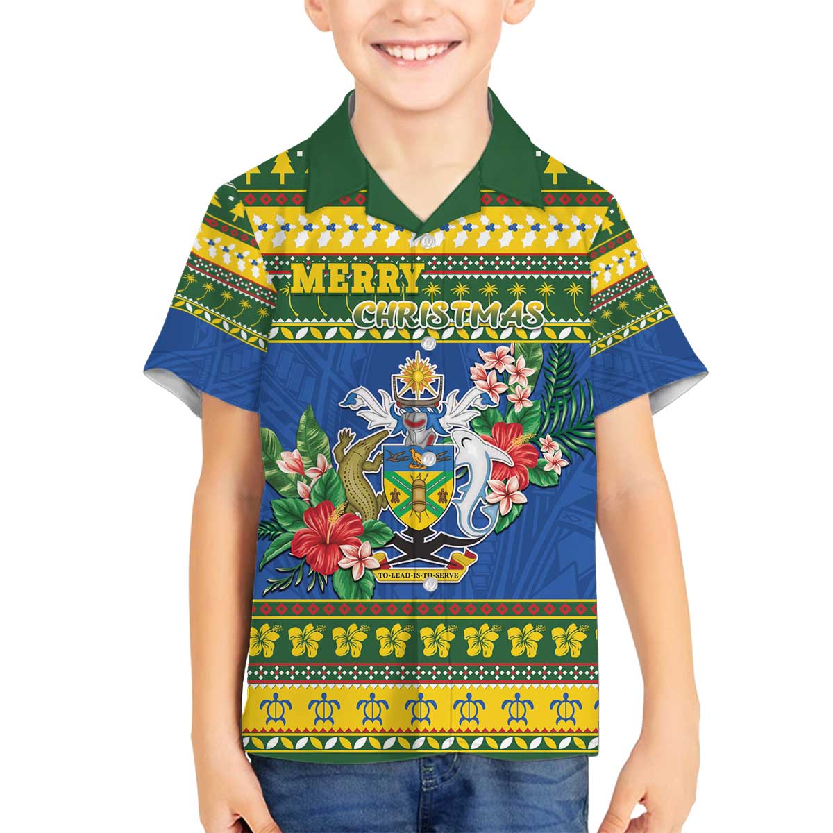 Solomon Islands Christmas Family Matching Off The Shoulder Long Sleeve Dress and Hawaiian Shirt Coat Of Arms Merry Xmas
