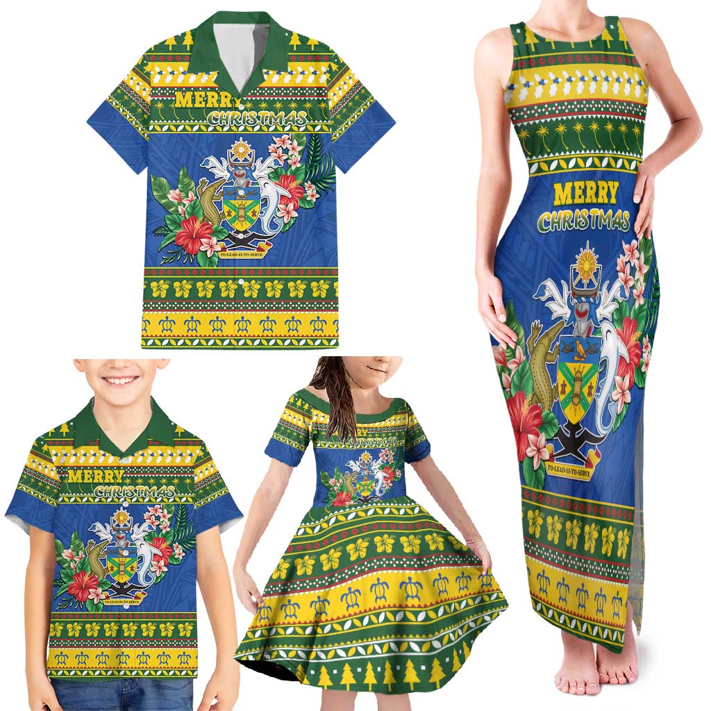 Solomon Islands Christmas Family Matching Tank Maxi Dress and Hawaiian Shirt Coat Of Arms Merry Xmas