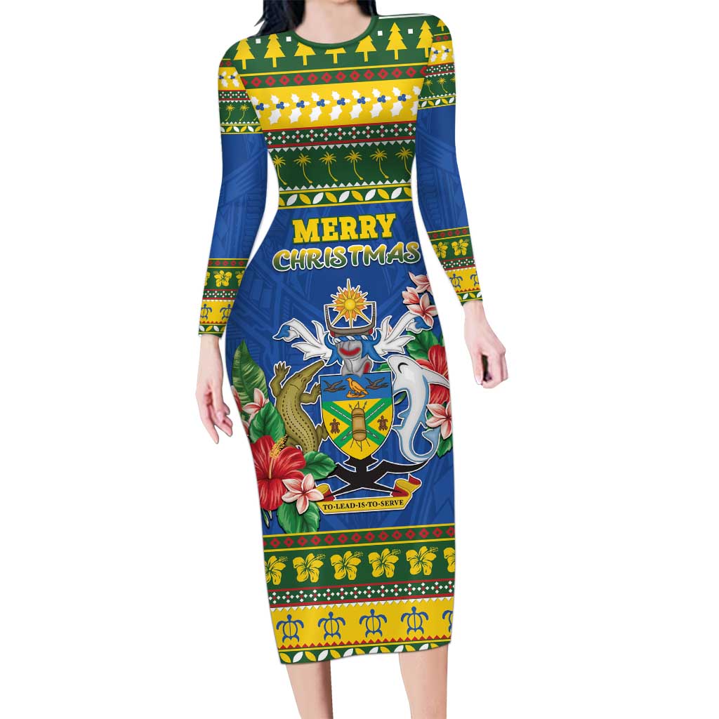 Solomon Islands Christmas Long Sleeve Bodycon Dress Coat Of Arms Merry - Polynesian Pride Solomon Islands Christmas Long Sleeve Bodycon Dress Coat Of Arms Merry - Polynesian Pride
