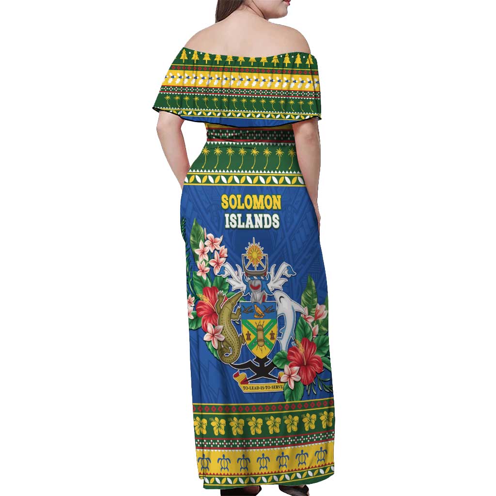 Solomon Islands Christmas Off Shoulder Maxi Dress Coat Of Arms Merry Xmas