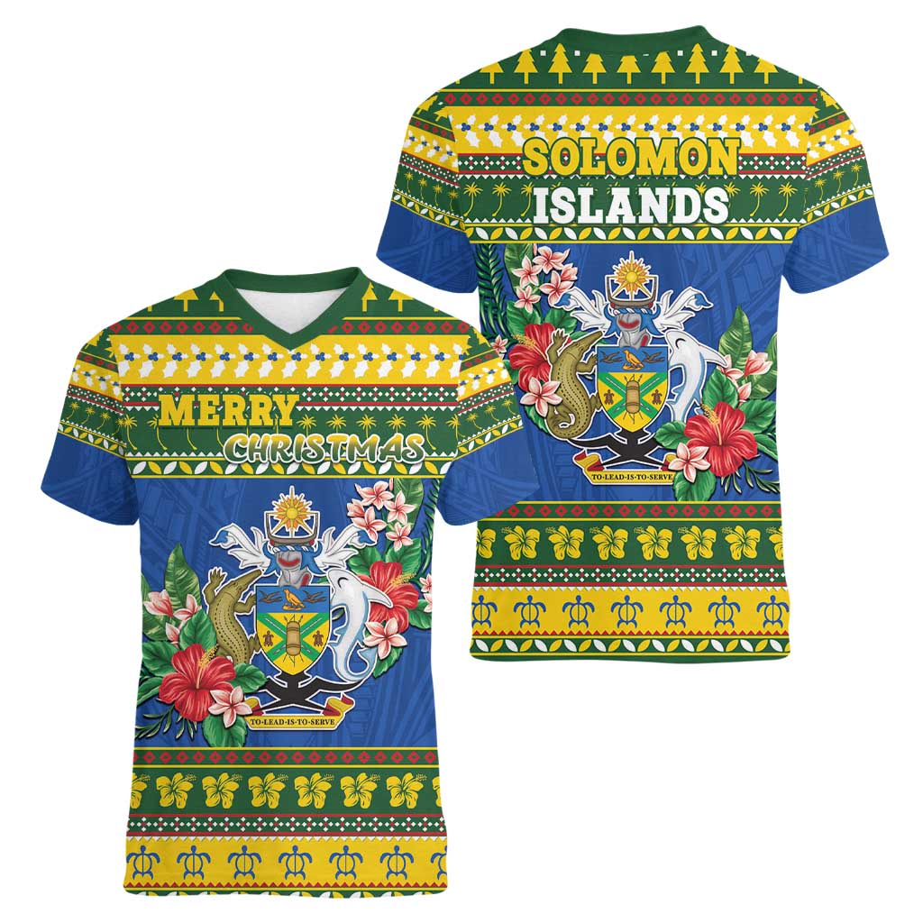 Solomon Islands Christmas Women V-Neck T-Shirt Coat Of Arms Merry Xmas