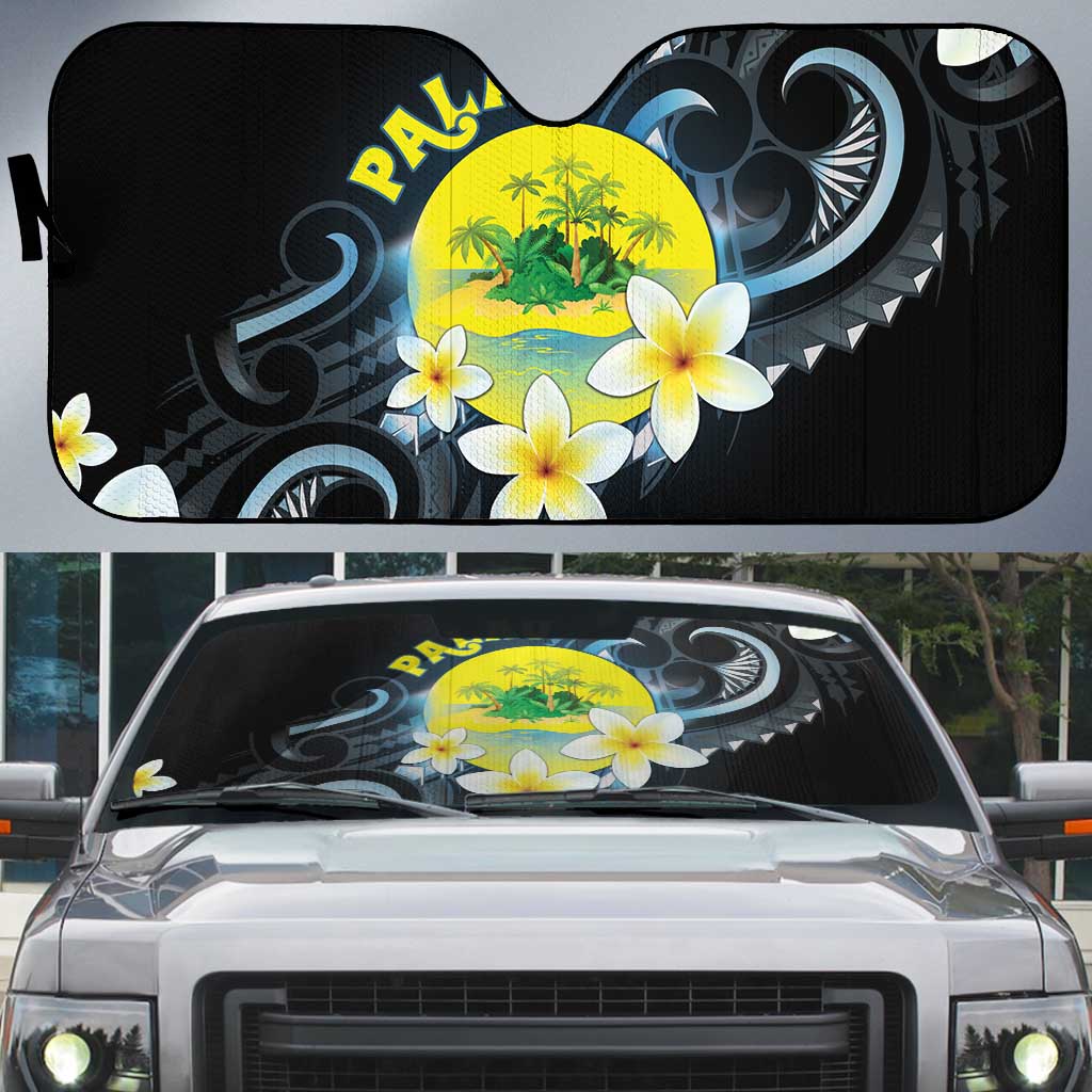 Palau United Nations Day Auto Sun Shade Polynesian Curves Plumeria - Polynesian Pride