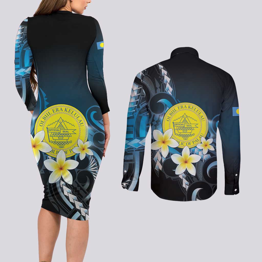 Palau United Nations Day Couples Matching Long Sleeve Bodycon Dress and Long Sleeve Button Shirt Polynesian Curves Plumeria - Polynesian Pride