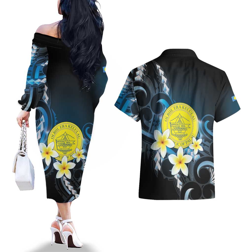 Palau United Nations Day Couples Matching Off The Shoulder Long Sleeve Dress and Hawaiian Shirt Polynesian Curves Plumeria - Polynesian Pride