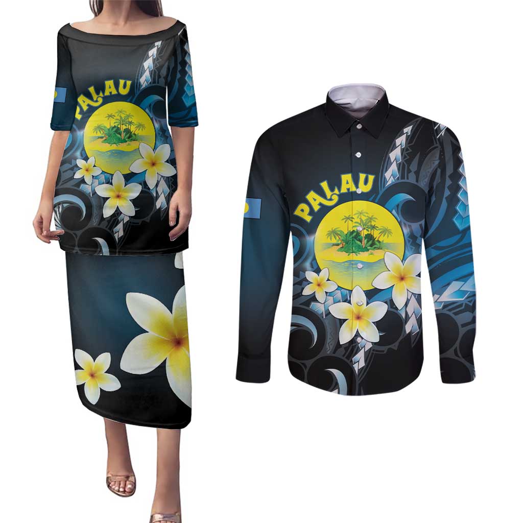 Palau United Nations Day Couples Matching Puletasi and Long Sleeve Button Shirt Polynesian Curves Plumeria - Polynesian Pride