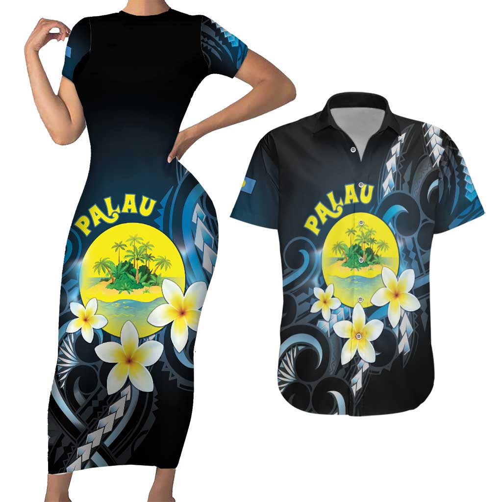 Palau United Nations Day Couples Matching Short Sleeve Bodycon Dress and Hawaiian Shirt Polynesian Curves Plumeria - Polynesian Pride