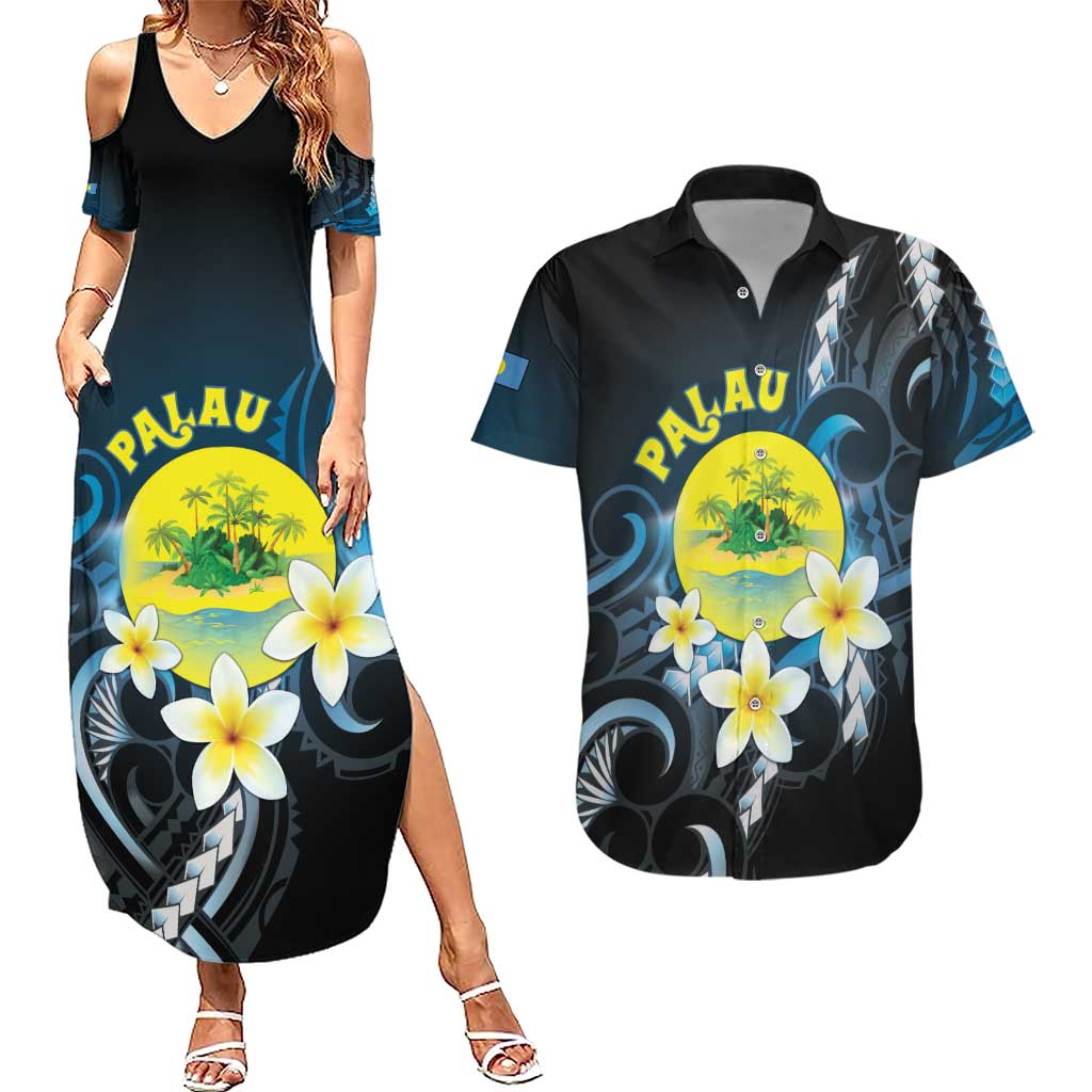 Palau United Nations Day Couples Matching Summer Maxi Dress and Hawaiian Shirt Polynesian Curves Plumeria - Polynesian Pride