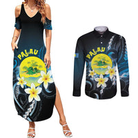 Palau United Nations Day Couples Matching Summer Maxi Dress and Long Sleeve Button Shirt Polynesian Curves Plumeria - Polynesian Pride