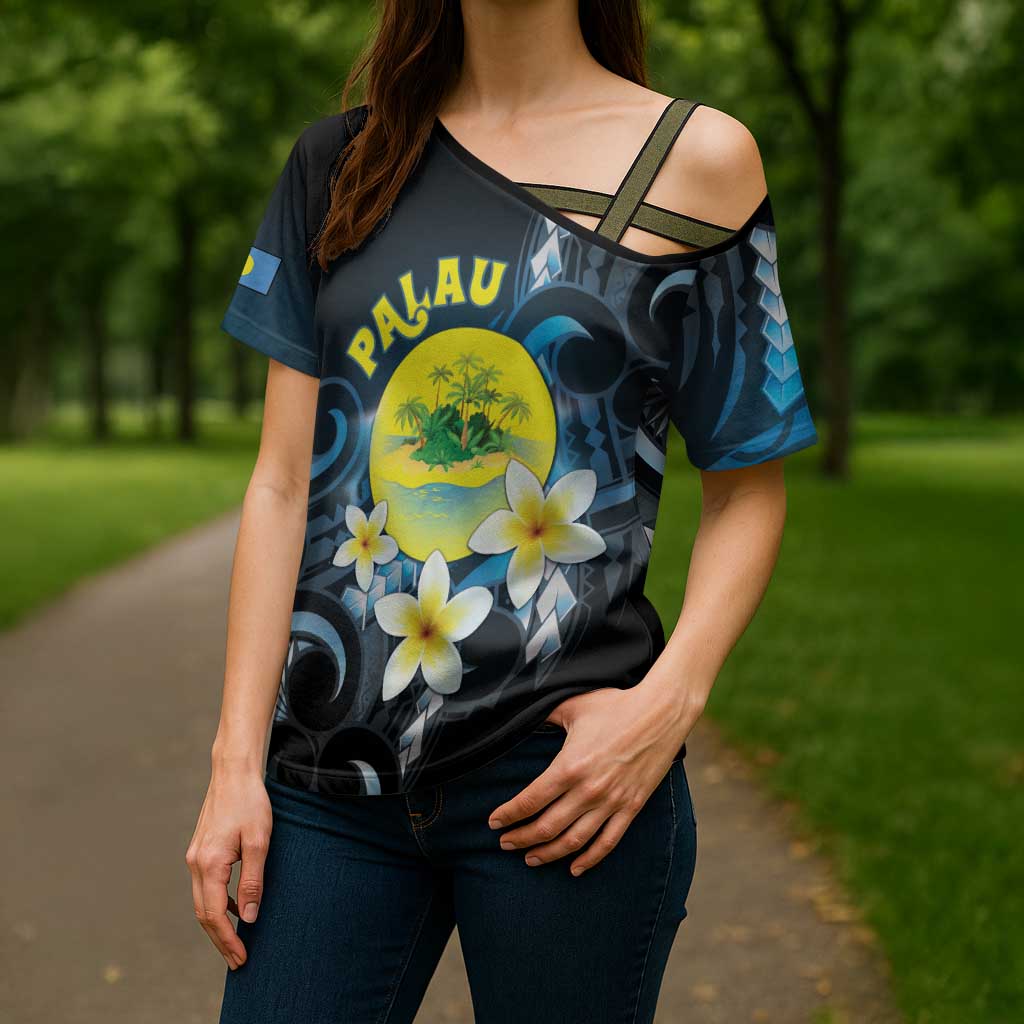 Palau United Nations Day Cross Shoulder Shirt Polynesian Curves Plumeria - Polynesian Pride