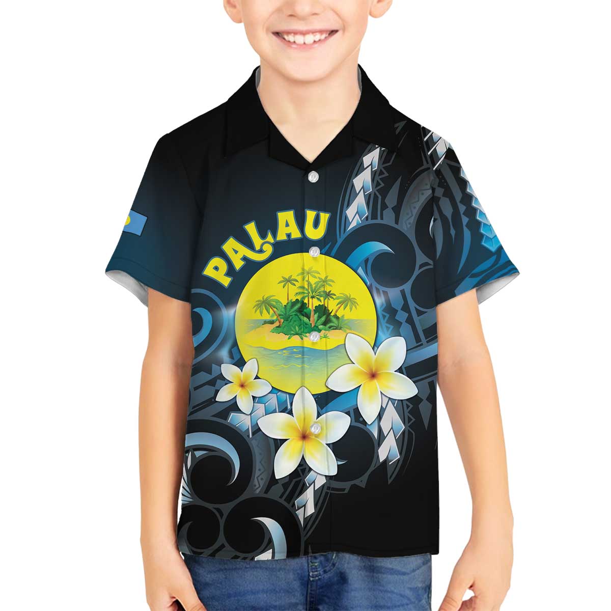 Palau United Nations Day Family Matching Off The Shoulder Long Sleeve Dress and Hawaiian Shirt Polynesian Curves Plumeria - Polynesian Pride