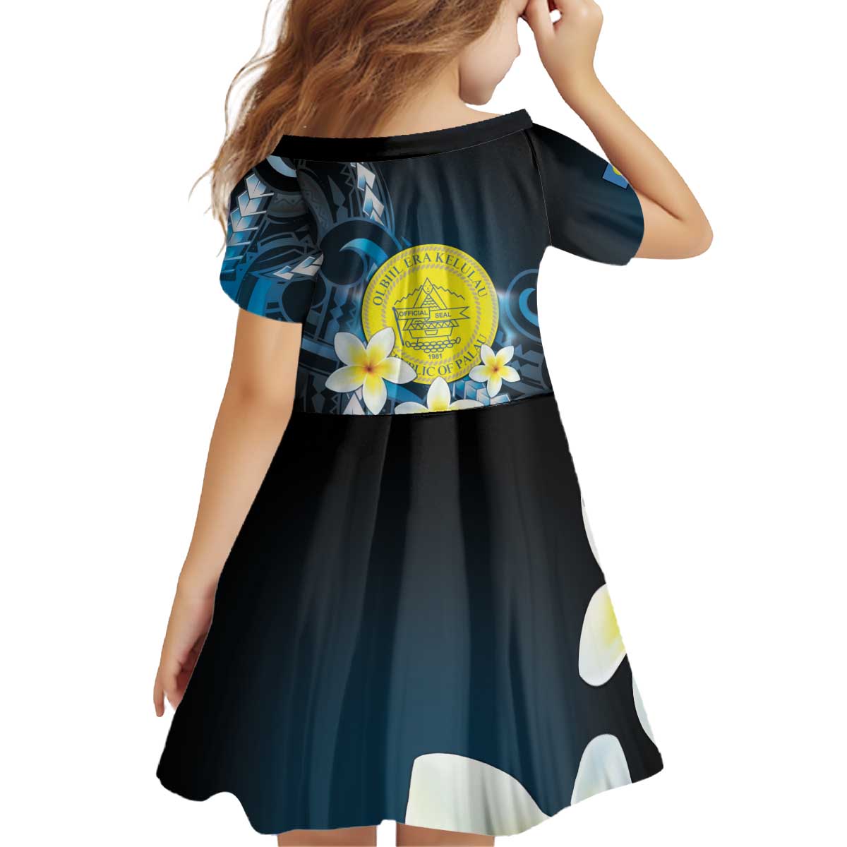 Palau United Nations Day Kid Short Sleeve Dress Polynesian Curves Plumeria - Polynesian Pride
