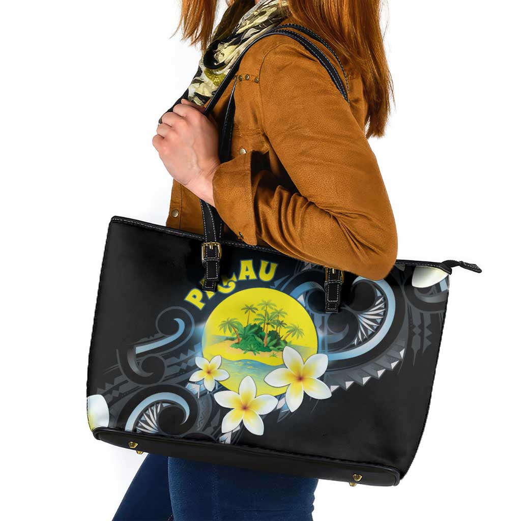 Palau United Nations Day Leather Tote Bag Polynesian Curves Plumeria - Polynesian Pride