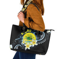 Palau United Nations Day Leather Tote Bag Polynesian Curves Plumeria - Polynesian Pride