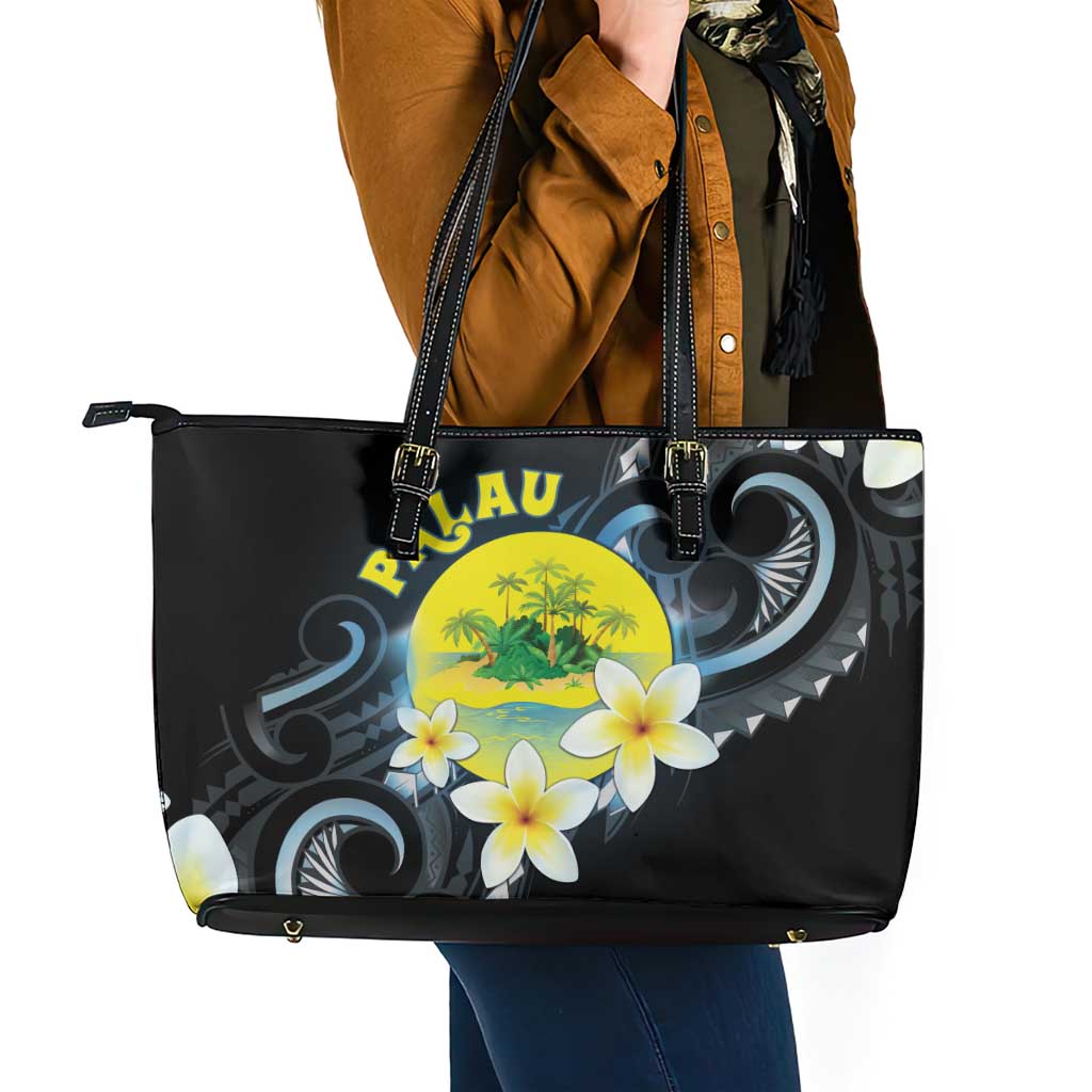 Palau United Nations Day Leather Tote Bag Polynesian Curves Plumeria - Polynesian Pride