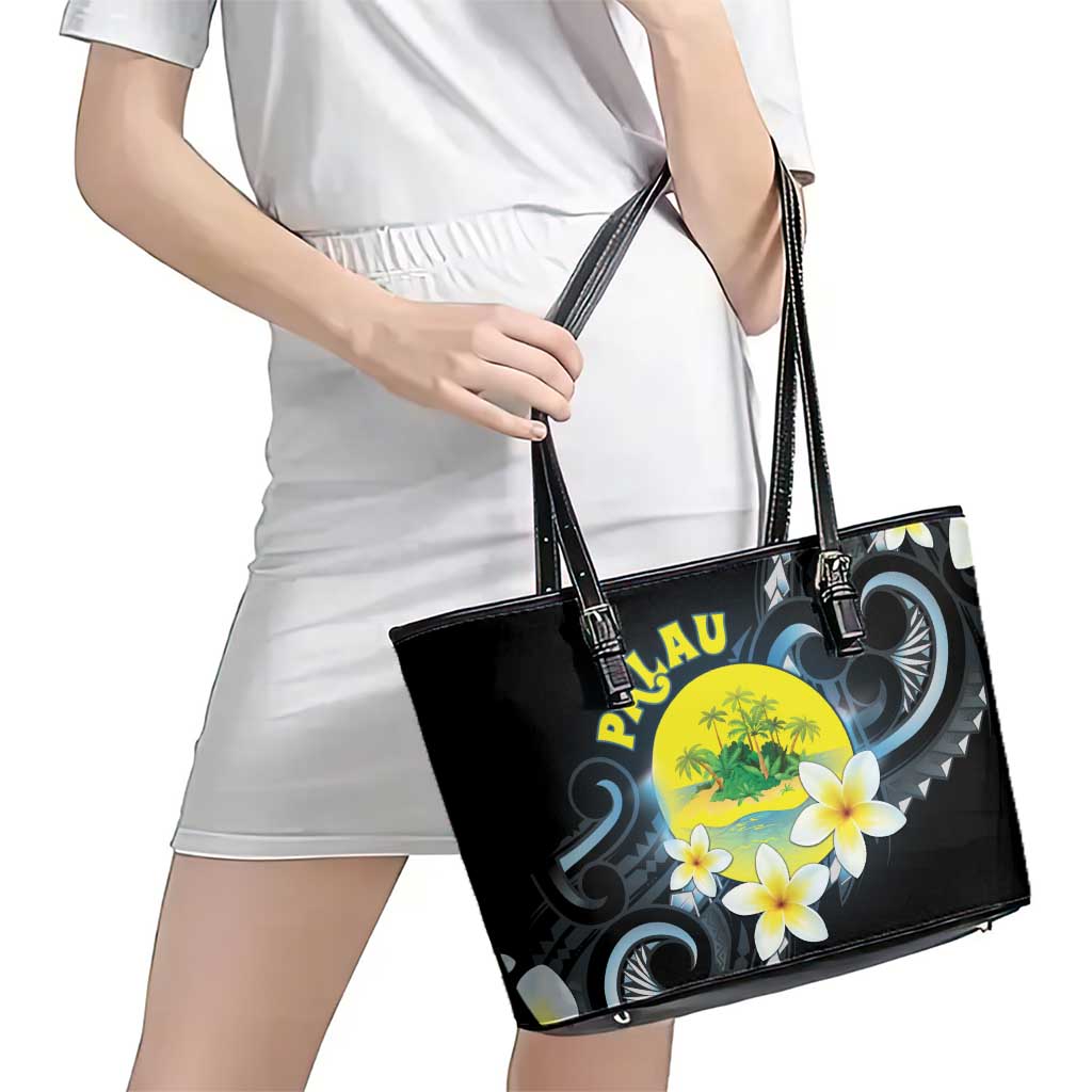 Palau United Nations Day Leather Tote Bag Polynesian Curves Plumeria - Polynesian Pride