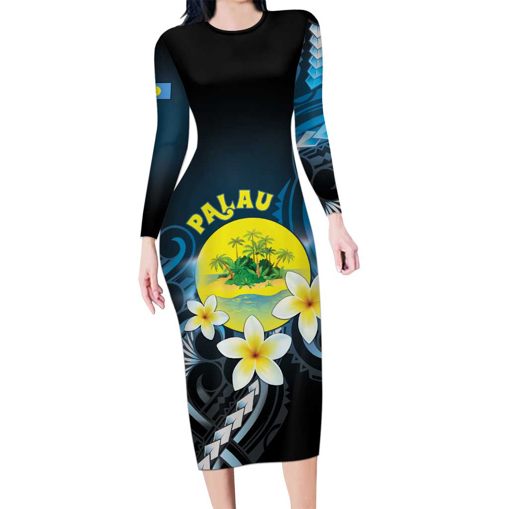 Palau United Nations Day Long Sleeve Bodycon Dress Polynesian Curves Plumeria - Polynesian Pride