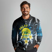 Palau United Nations Day Long Sleeve Polo Shirt Polynesian Curves Plumeria - Polynesian Pride