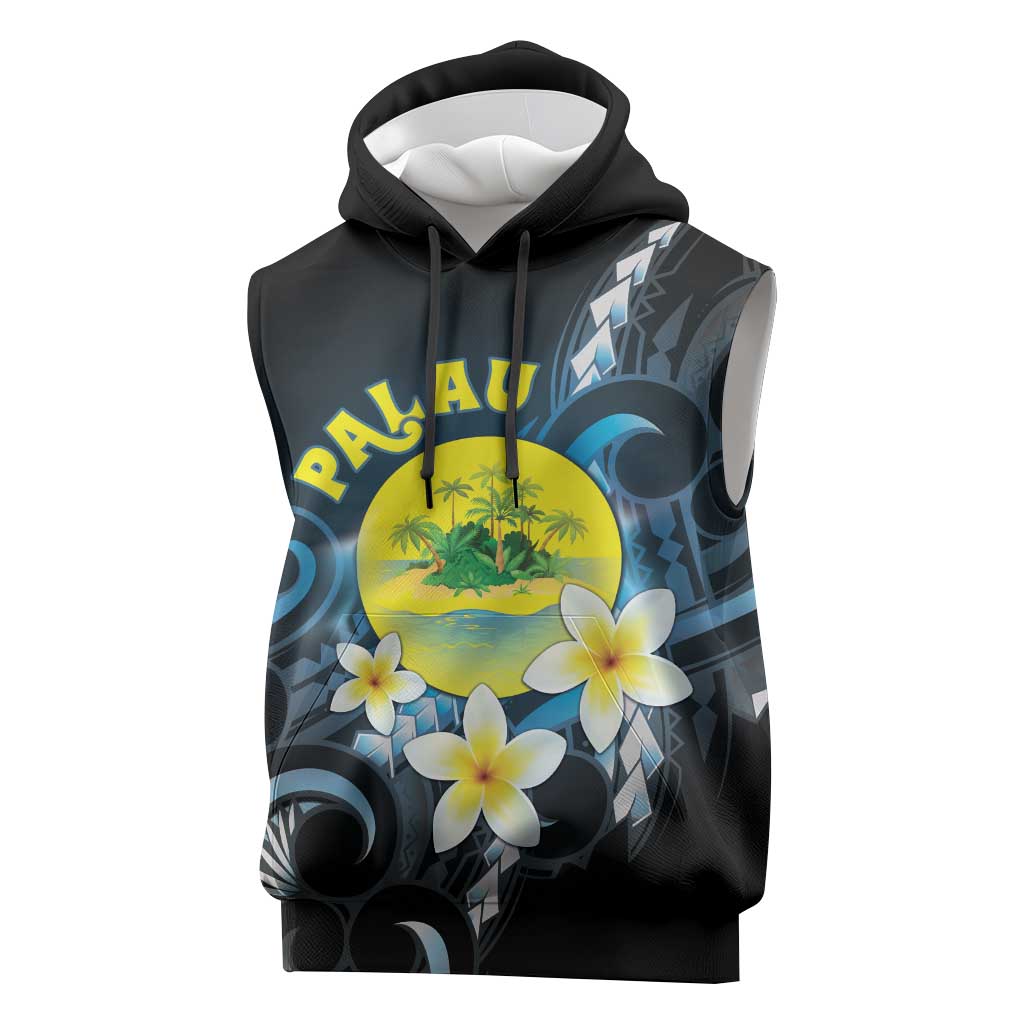 Palau United Nations Day Sleeveless Hoodie Polynesian Curves Plumeria - Polynesian Pride