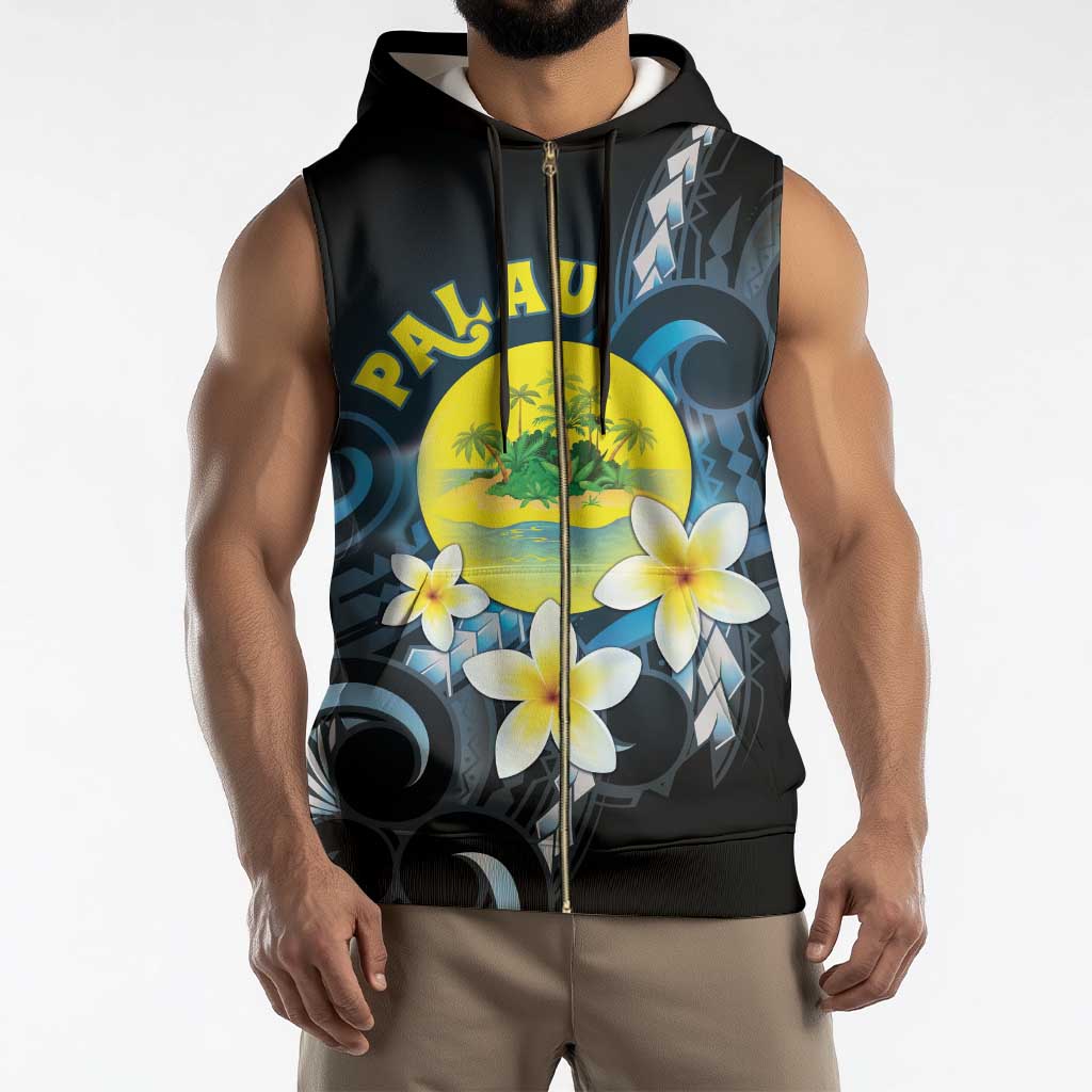 Palau United Nations Day Sleeveless Zip Hoodie Polynesian Curves Plumeria - Polynesian Pride