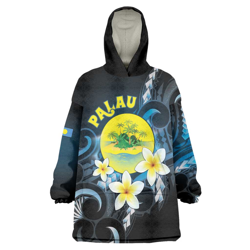 Palau United Nations Day Wearable Blanket Hoodie Polynesian Curves Plumeria - Polynesian Pride