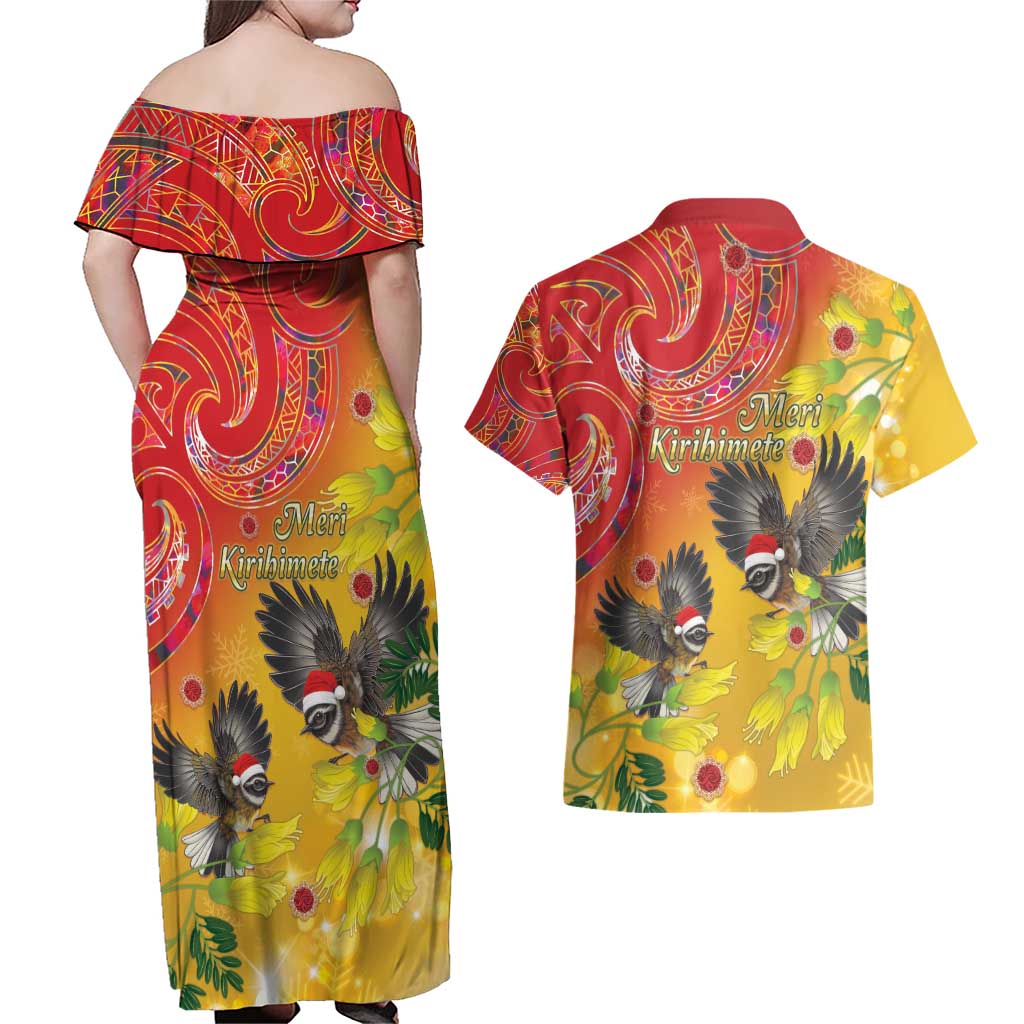 New Zealand Piwakawaka Christmas Couples Matching Off Shoulder Maxi Dress and Hawaiian Shirt With Maori Pattern