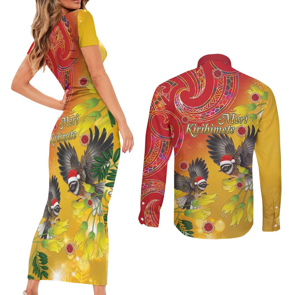 New Zealand Piwakawaka Christmas Couples Matching Short Sleeve Bodycon Dress and Long Sleeve Button Shirt With Maori Pattern