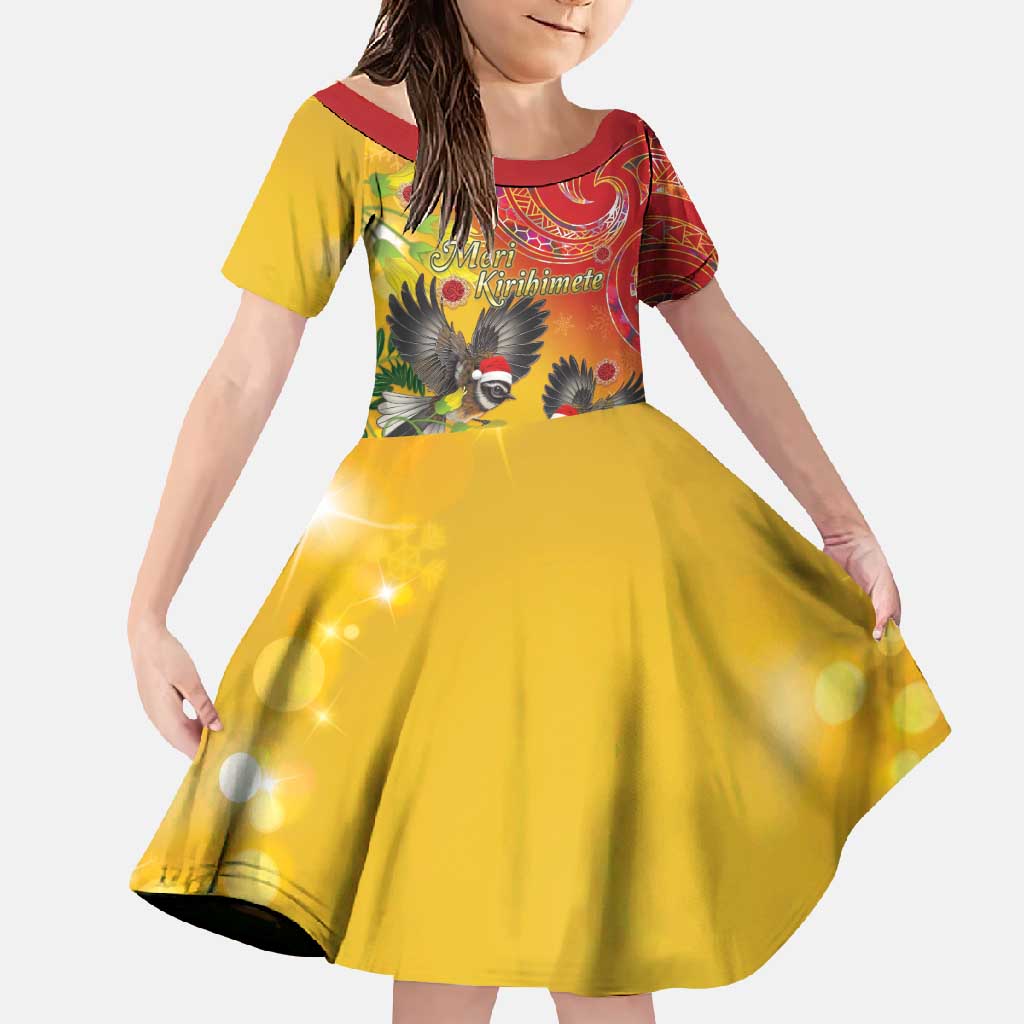 New Zealand Piwakawaka Christmas Family Matching Summer Maxi Dress and Hawaiian Shirt With Maori Pattern LT05 Daughter's Dress Yellow - Polynesian Pride