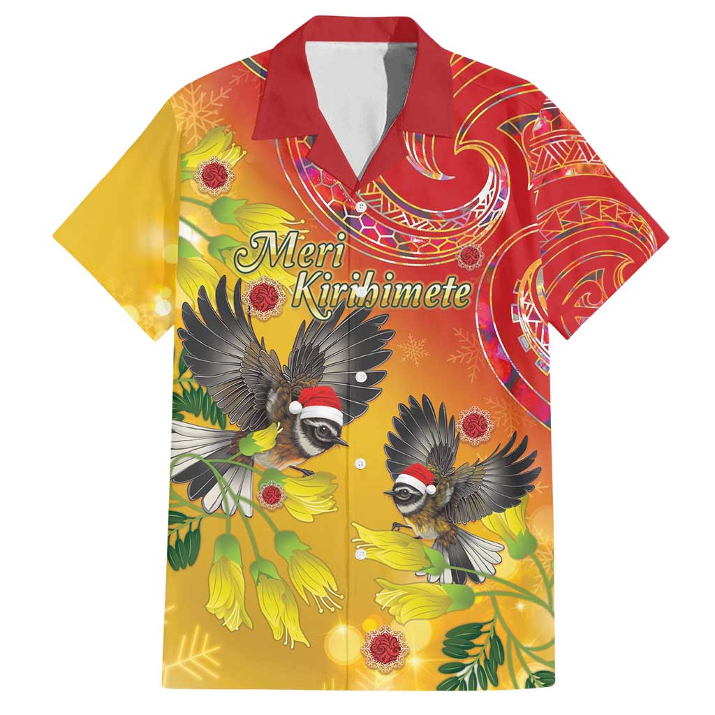 New Zealand Piwakawaka Christmas Family Matching Summer Maxi Dress and Hawaiian Shirt With Maori Pattern LT05 Dad's Shirt - Short Sleeve Yellow - Polynesian Pride
